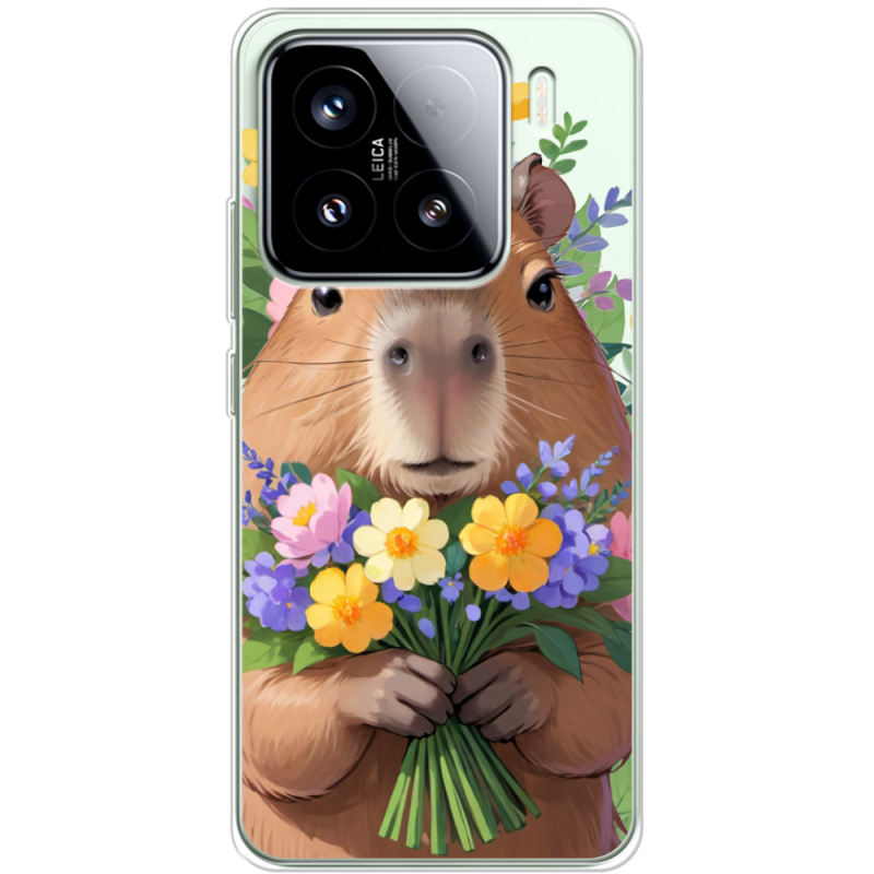 Прозорий чохол BoxFace Xiaomi 15 Капибара з квітами