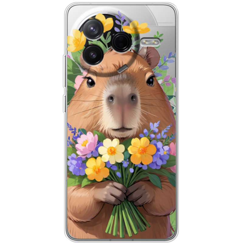 Прозорий чохол BoxFace Poco F7 Pro Капибара з квітами