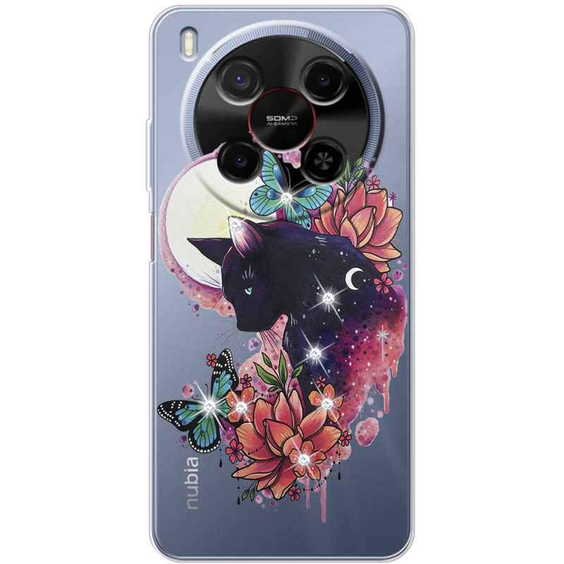 Чохол зі стразами Nubia V70 Max Cat in Flowers
