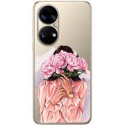 Прозорий чохол BoxFace Huawei P50 Девушка с Пионами
