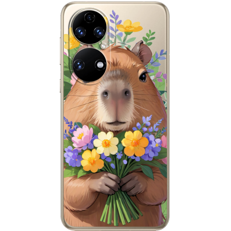 Прозорий чохол BoxFace Huawei P50 Капибара з квітами
