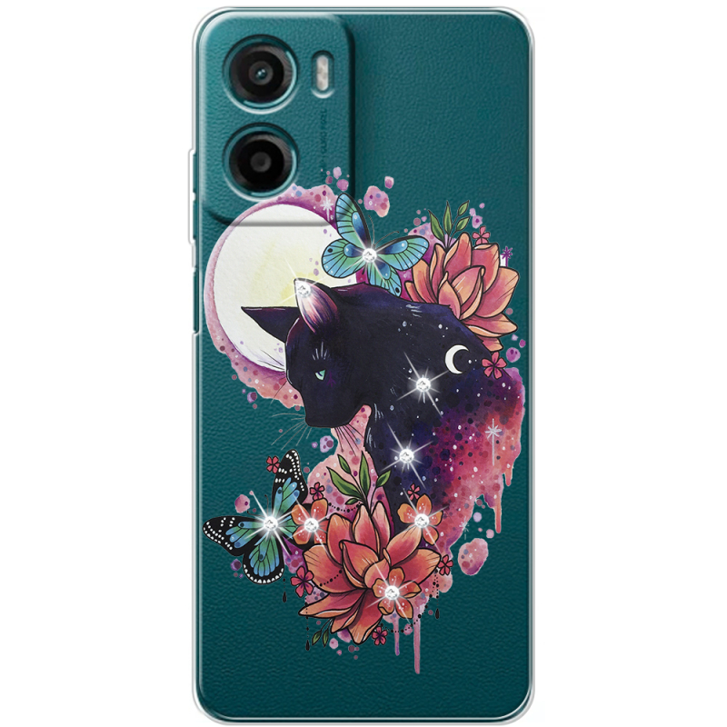 Чохол зі стразами Motorola Moto E15 Cat in Flowers