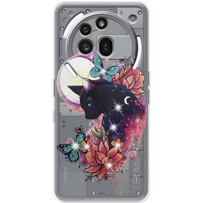 Чохол зі стразами Nothing Phone (3a) Pro Cat in Flowers