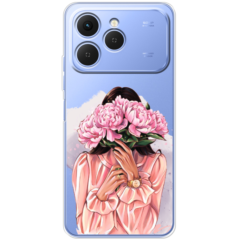 Прозорий чохол BoxFace Tecno Spark 40 Девушка с Пионами