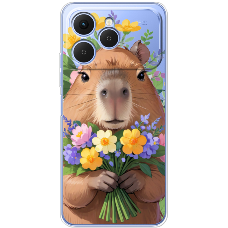 Прозорий чохол BoxFace Tecno Spark 40 Капибара з квітами