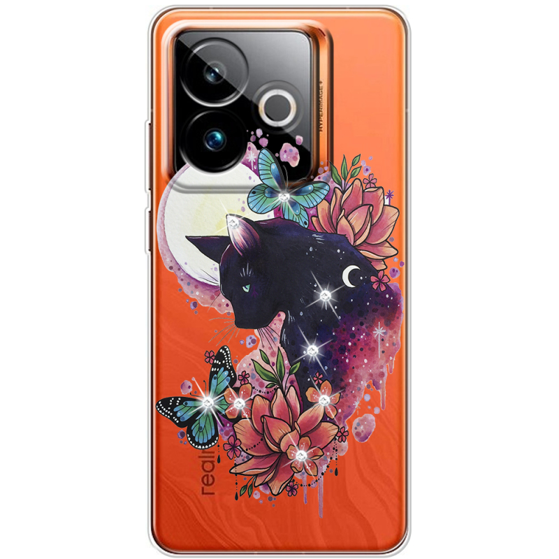 Чохол зі стразами Realme GT 7 5G Cat in Flowers
