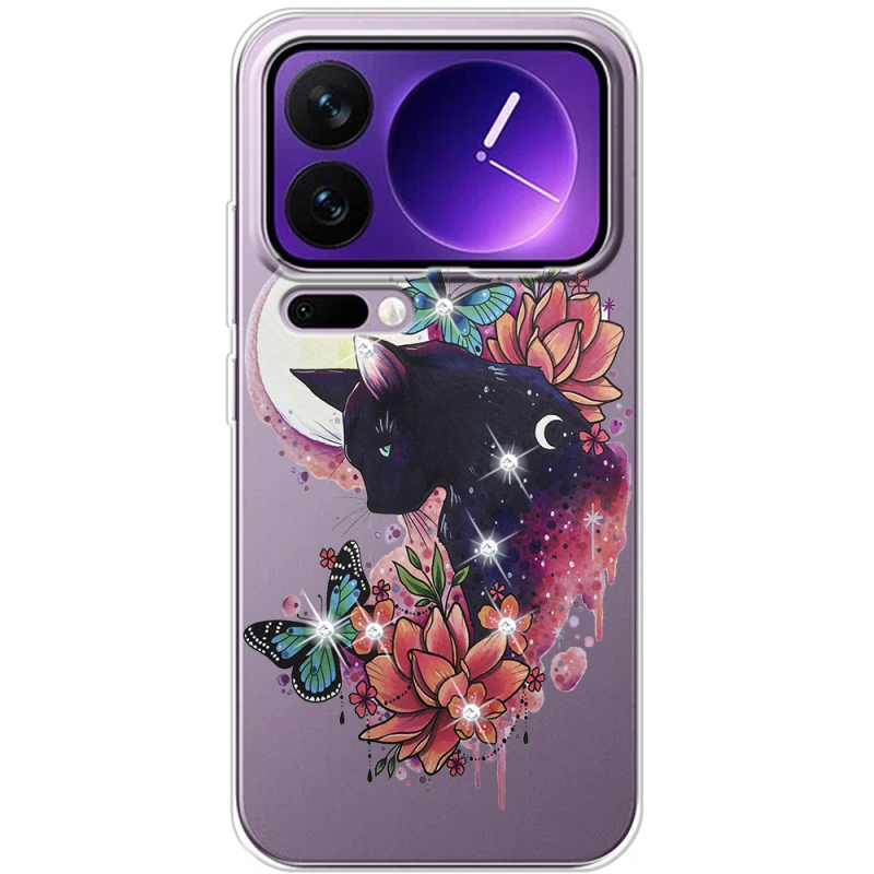 Чохол зі стразами Xiaomi 17 Pro Max Cat in Flowers