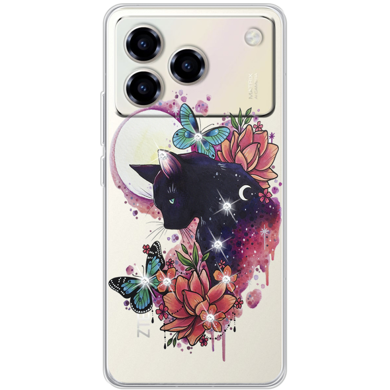 Чохол зі стразами ZTE Blade A76 4G Cat in Flowers