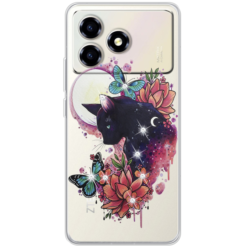 Чохол зі стразами ZTE Blade A36 Cat in Flowers