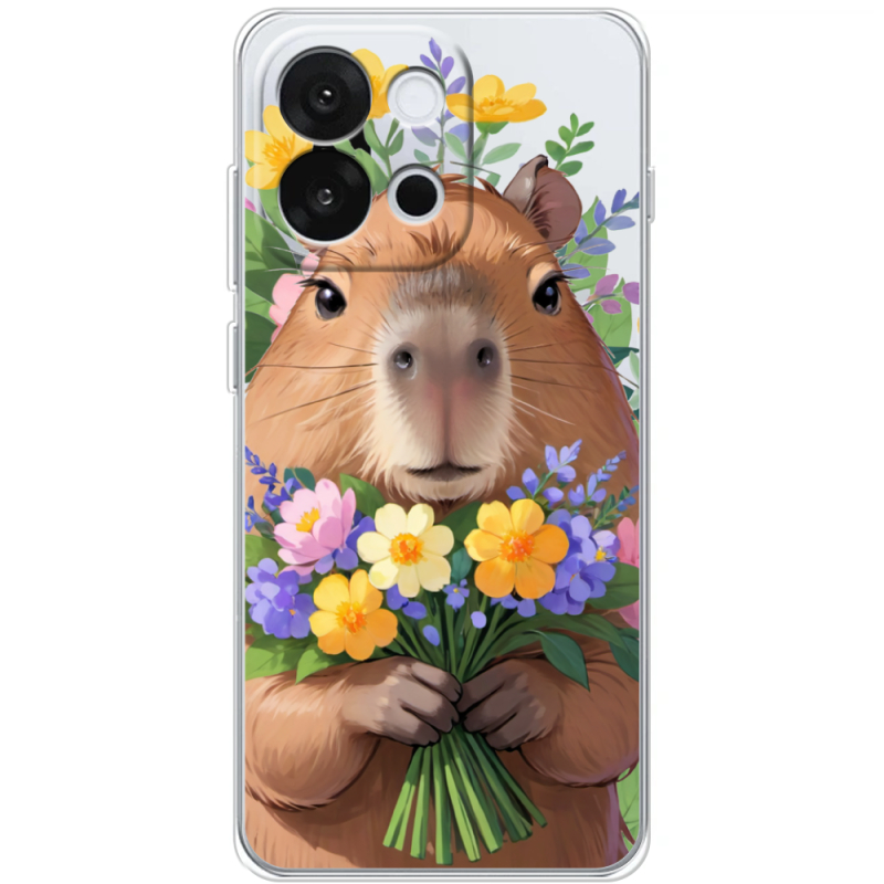 Прозорий чохол BoxFace OnePlus 13T Капибара з квітами