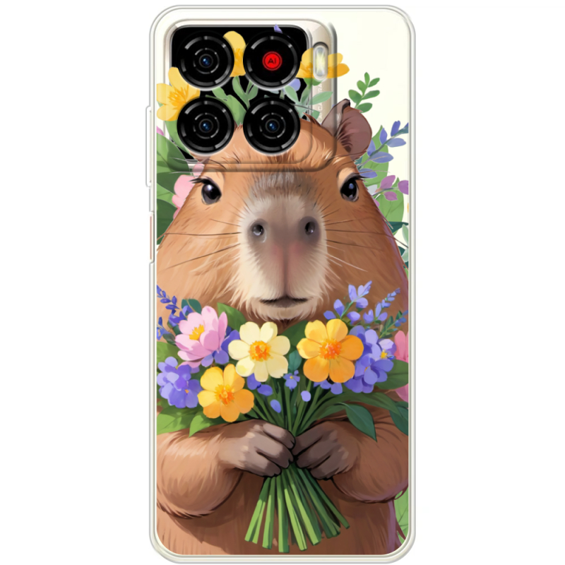 Прозорий чохол BoxFace ZTE Blade A56 Капибара з квітами