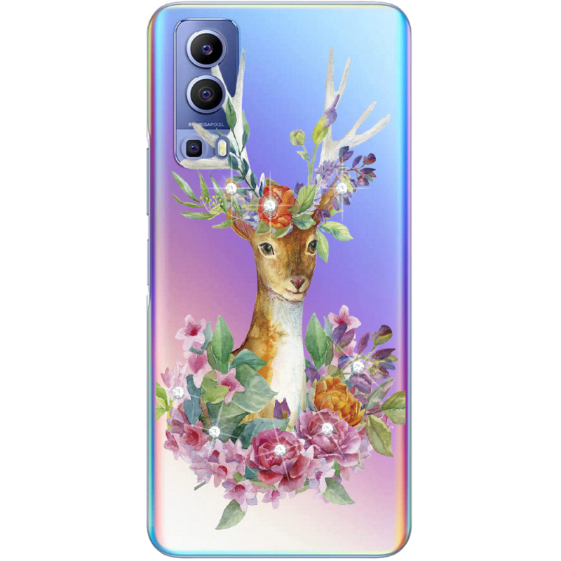 Чехол со стразами Vivo Y72 5G Deer with flowers