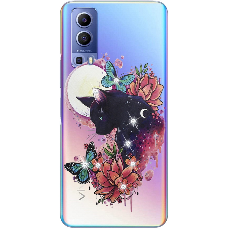 Чехол со стразами Vivo Y72 5G Cat in Flowers