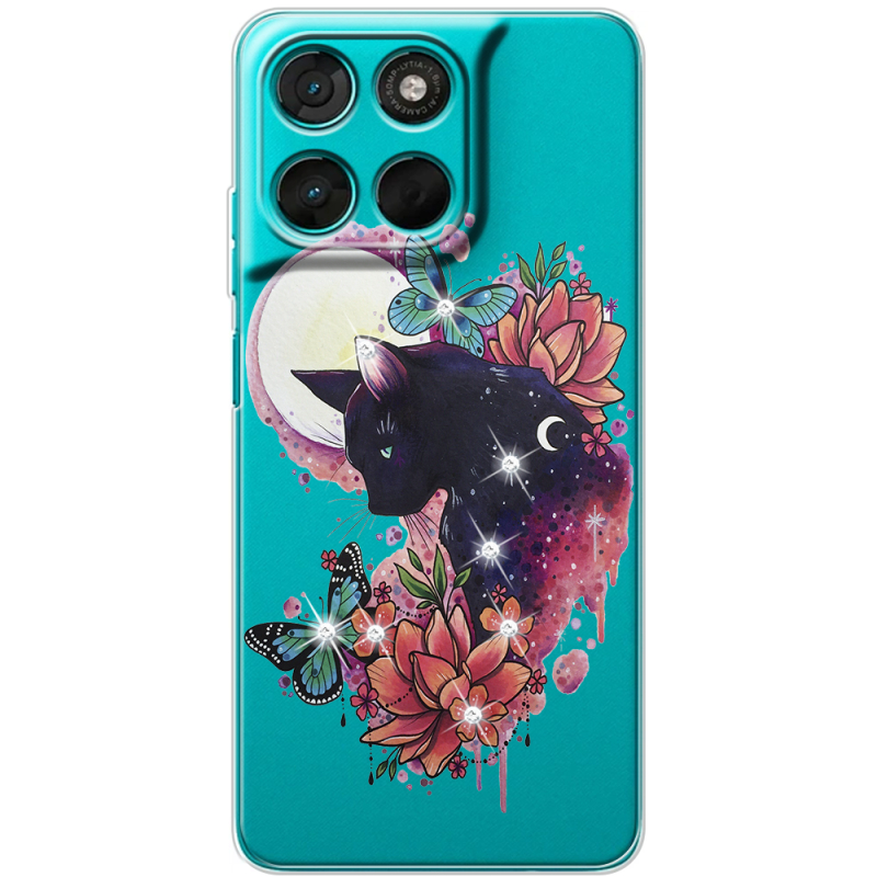 Чохол зі стразами Moto G57 Power Cat in Flowers