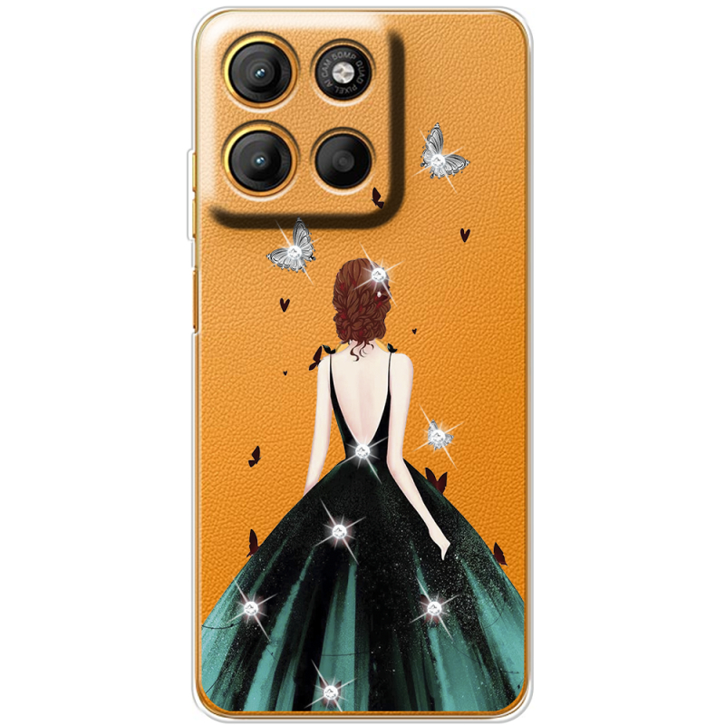 Чохол зі стразами Motorola G17 Power Girl in the green dress