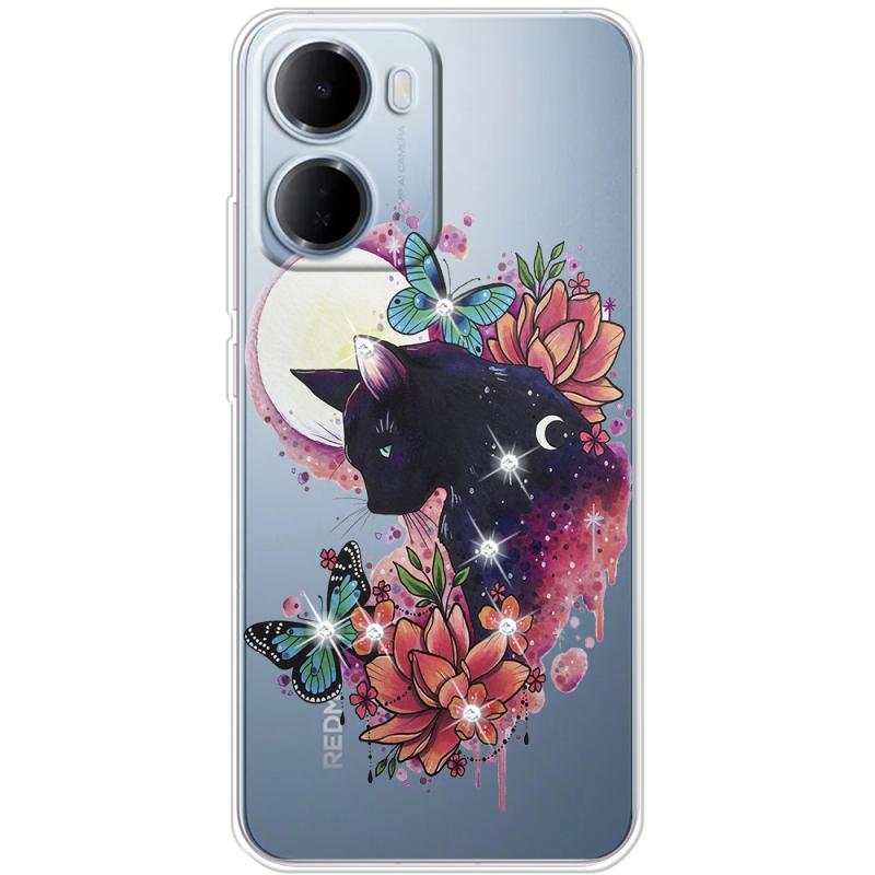 Чохол зі стразами Xiaomi Redmi 15A Cat in Flowers