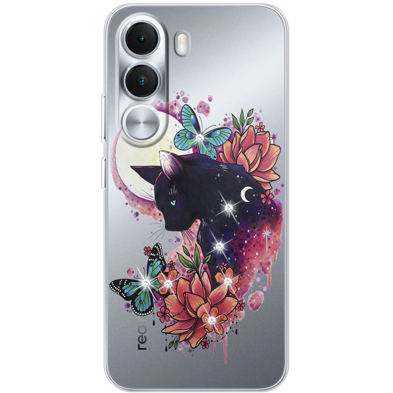 Чохол зі стразами Realme C100i Cat in Flowers