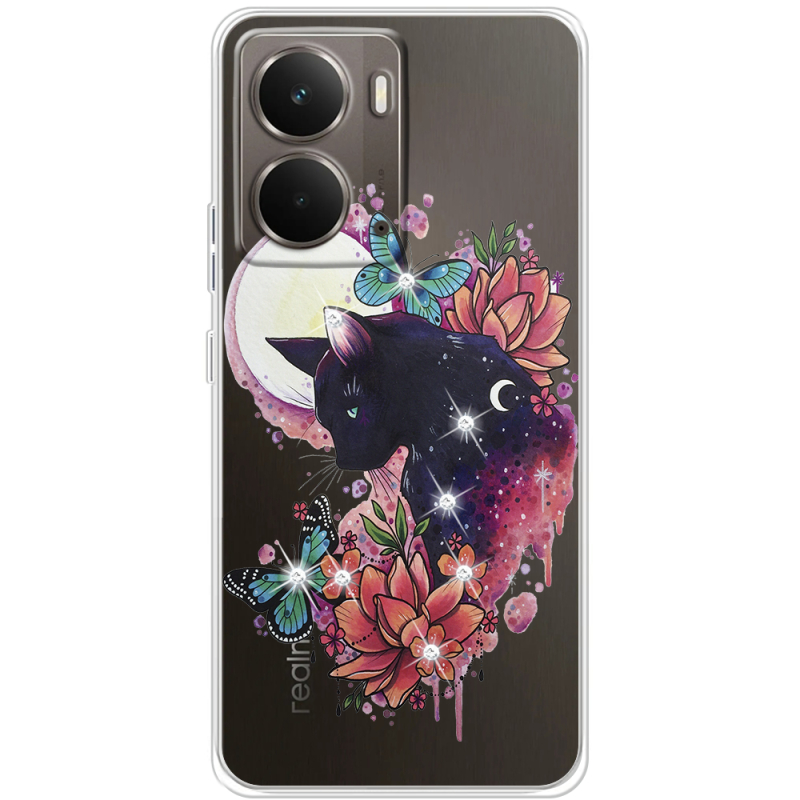 Чохол зі стразами Realme P3 Cat in Flowers